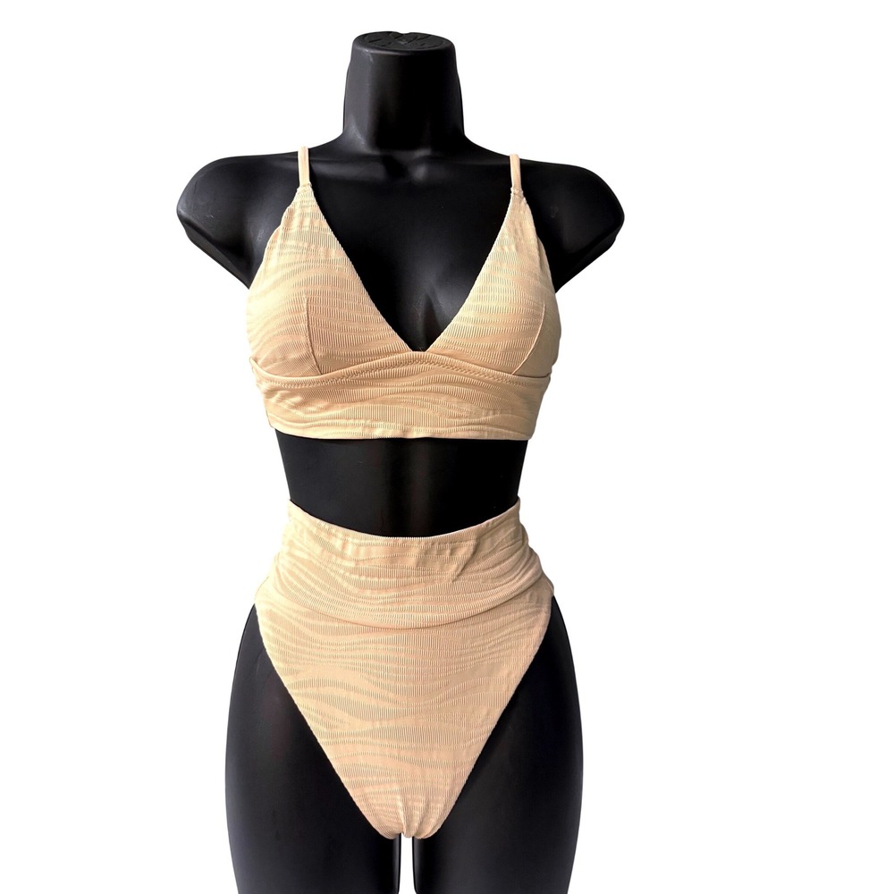Aerie Real Good Tan Textured Triangle Bikini Top High Cut Cheeky Bottom Set XS